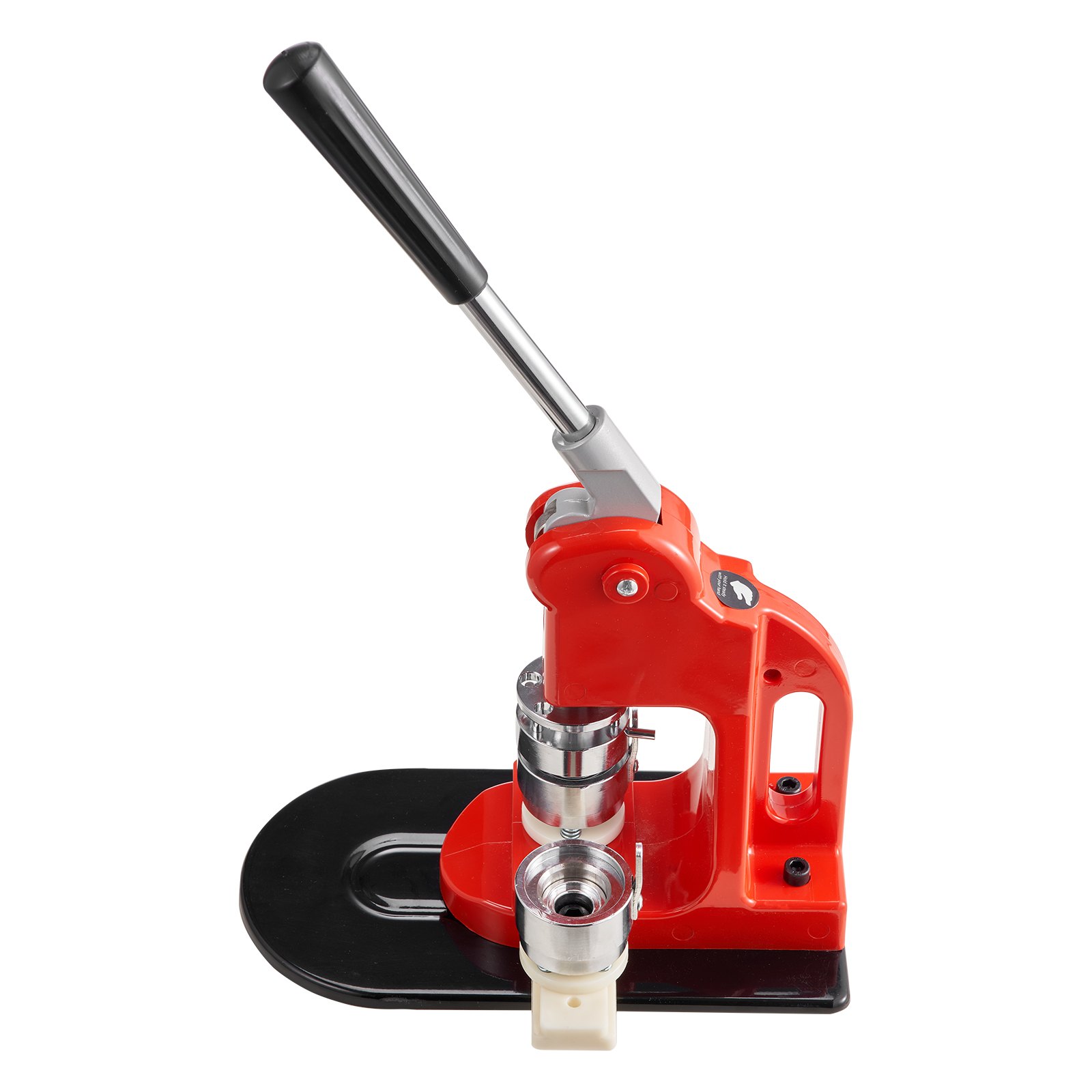 Máquina para fabricar botones VEVOR de color rojo con mango negro y componentes metálicos brillantes.