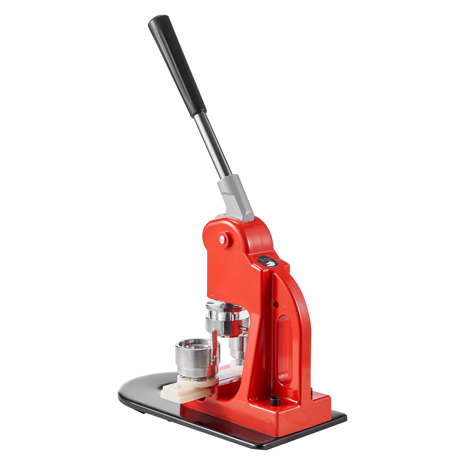 Máquina para fabricar botones VEVOR de color rojo con mango negro y componentes metálicos sobre una base negra.