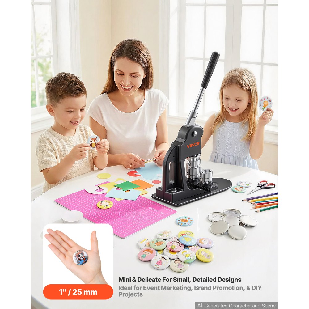 VEVOR Máquina para Hacer Chapas 25 mm Prensa de Pines de Metal y Plástico, Kit de Bricolaje para Personalizar Regalos, Accesorios de 500 Botones, Llave Hexagonal y Cortador Circular, Mango Ergonómico