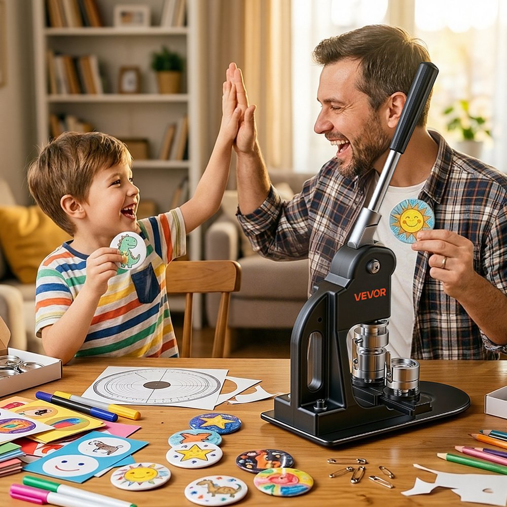 VEVOR Máquina para Hacer Chapas 25 mm Prensa de Pines de Metal y Plástico, Kit de Bricolaje para Personalizar Regalos, Accesorios de 500 Botones, Llave Hexagonal y Cortador Circular, Mango Ergonómico