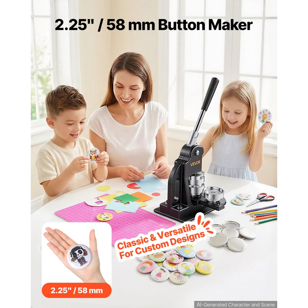 VEVOR Máquina para Hacer Chapas 58 mm Prensa de Pines de Metal y Plástico, Accesorios de 500 Botones Llave Hexagonal Cortador Circular, Mango Ergonómico, para Crear Insignias Imanes de Refrigerador