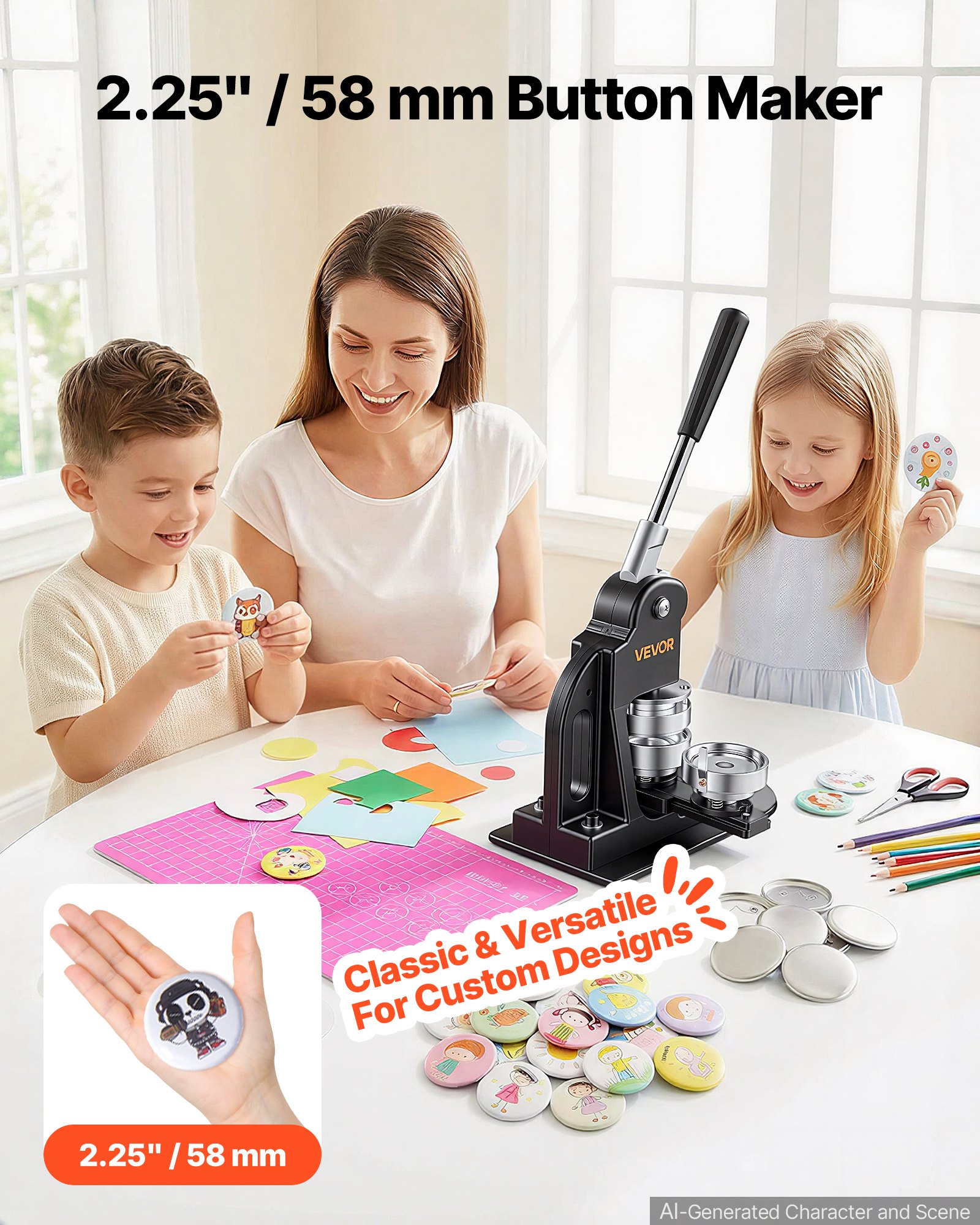 VEVOR Máquina para Hacer Chapas 58 mm Prensa de Pines de Metal y Plástico, Accesorios de 500 Botones Llave Hexagonal Cortador Circular, Mango Ergonómico, para Crear Insignias Imanes de Refrigerador