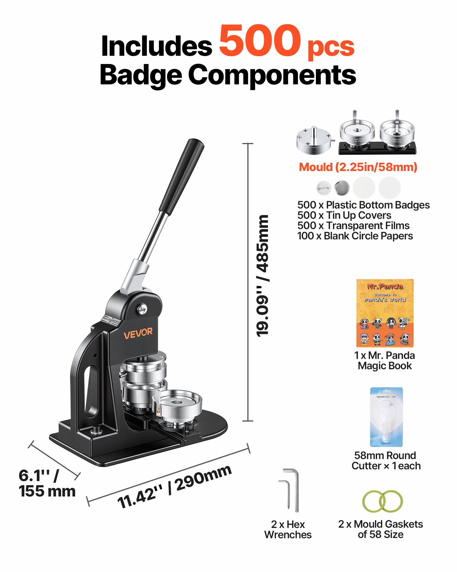 VEVOR Máquina para Hacer Chapas 58 mm Prensa de Pines de Metal y Plástico, Accesorios de 500 Botones Llave Hexagonal Cortador Circular, Mango Ergonómico, para Crear Insignias Imanes de Refrigerador