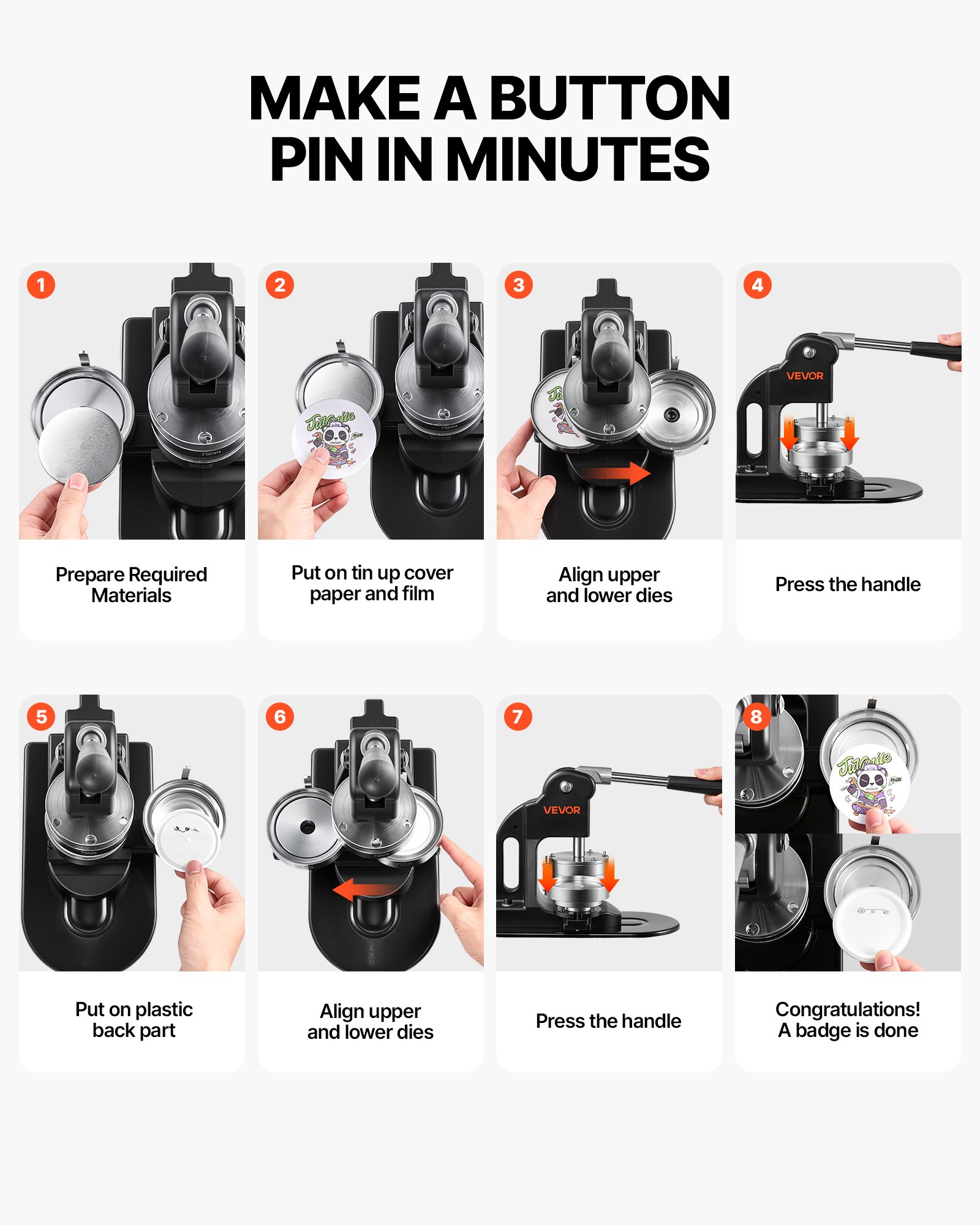 VEVOR Máquina para Hacer Chapas 75 mm Prensa de Pines de Metal y Plástico, con 500 Conjuntos de Botones Cortador Circular Llave Hexagonal, para Bricolaje de Insignias Llaveros Imanes de Nevera, Negro