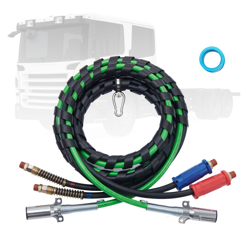 Kit de líneas de aire para semirremolque VEVOR con cables trenzados verdes y negros, conectores y accesorios en la parte delantera de un camión.