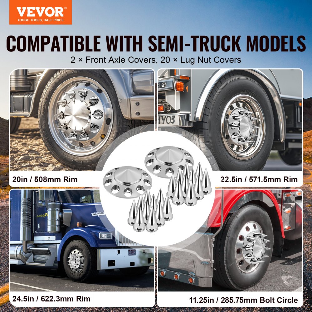 VEVOR wheel covers for the front axle, axle cover with spikes for semi-trailer trucks, galvanized ABS wheel nut covers, rust-resistant, mounting tool included