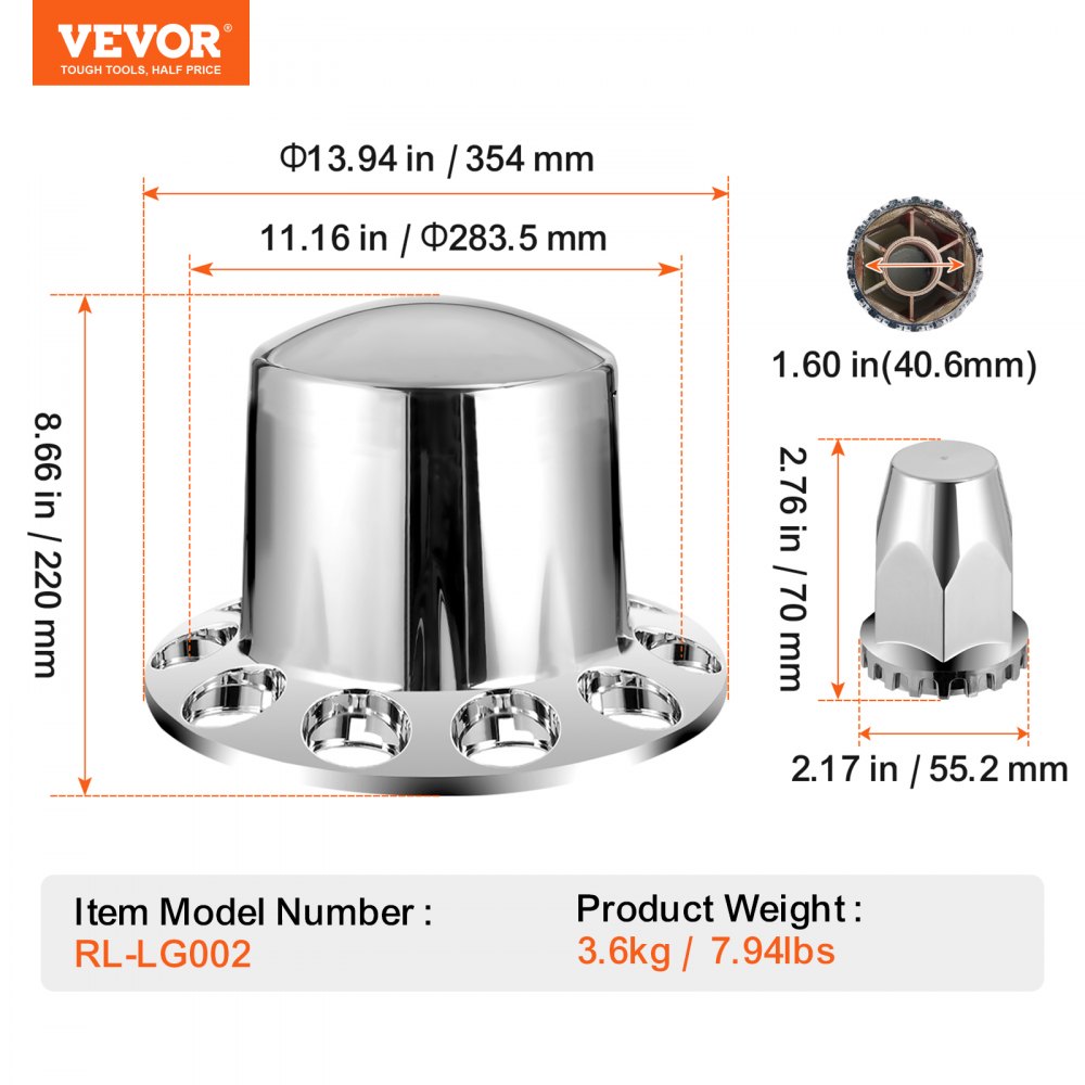 VEVOR Wheel Covers for the Rear Axle, Domed Axle Cover for Semi-Trucks, Galvanized ABS Wheel Nut Covers, 4-Piece Complete Axle Cover Combo Set, Bright Silver, Car Decoration