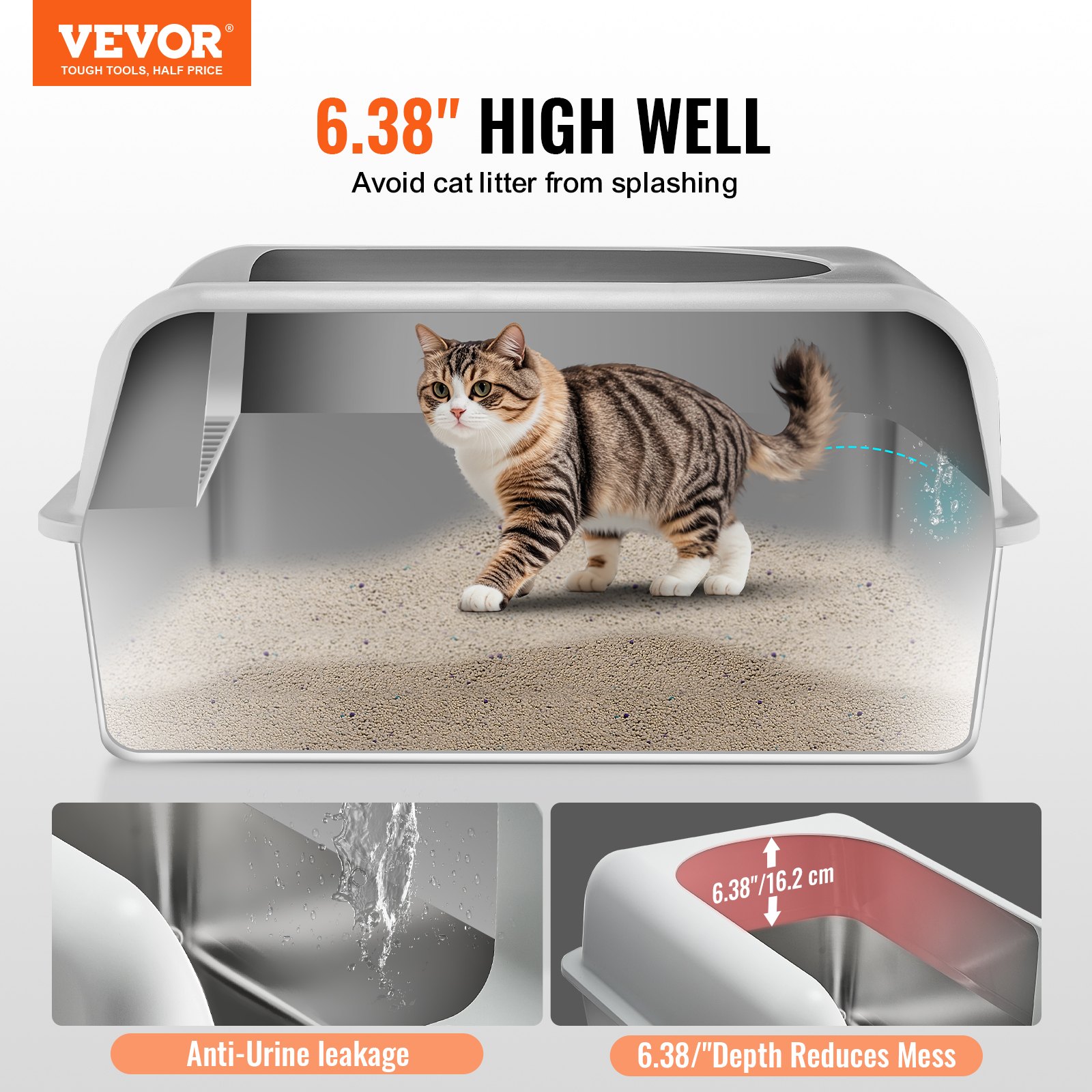 VEVOR Cat Litter Box, 6 inch deep, XL extra-large stainless steel cat litter box with scoop, wide filter base and high sides, enclosed, odor-free, easy-to-clean litter box, suitable for large cats
