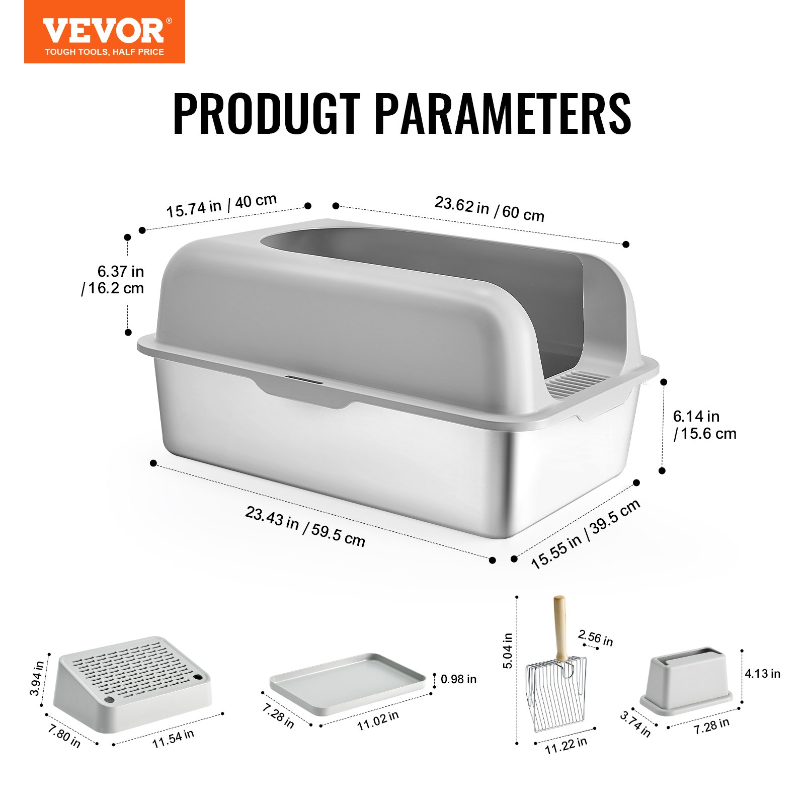 VEVOR Cat Litter Box, 6 inch deep, XL extra-large stainless steel cat litter box with scoop, wide filter base and high sides, enclosed, odor-free, easy-to-clean litter box, suitable for large cats