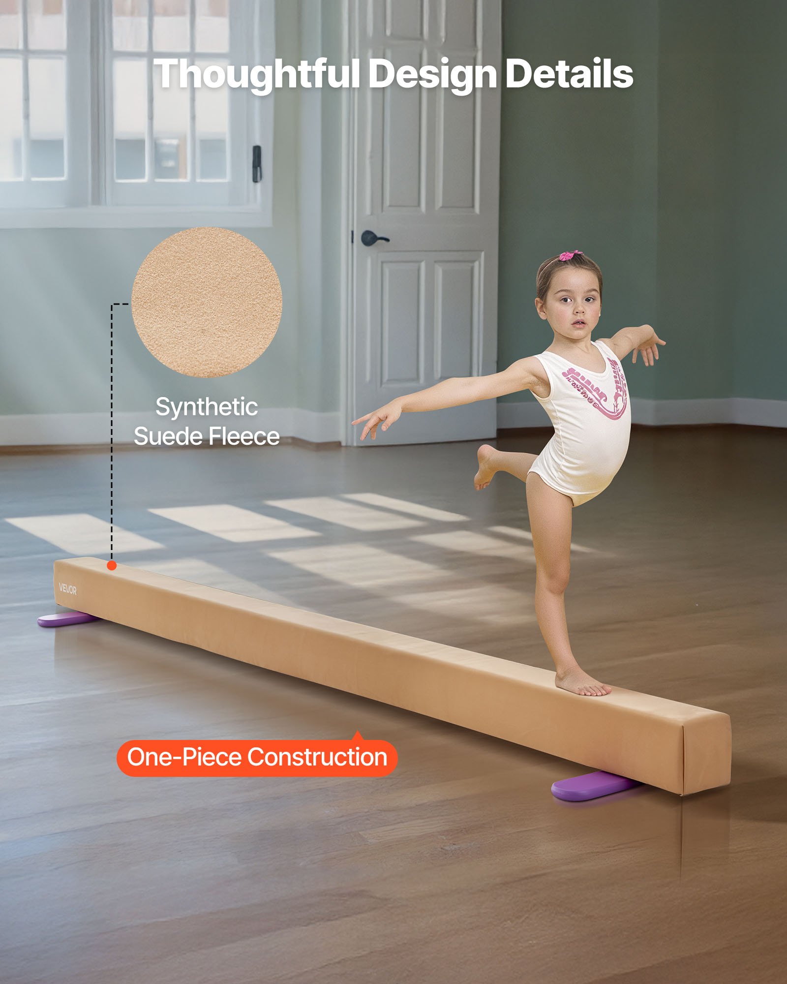 VEVOR 8FT Balance Beam for Kids, 158.7 KG Stable Support Gymnastics Floor Beam with Non-Slip Wooden Mats, Wood-Core Gymnastics Training Equipment with Anti-Slip Bottom for Home and Gym, Yellow