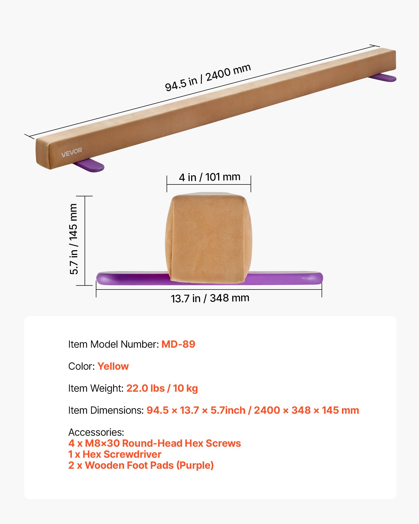 VEVOR 8FT Balance Beam for Kids, 158.7 KG Stable Support Gymnastics Floor Beam with Non-Slip Wooden Mats, Wood-Core Gymnastics Training Equipment with Anti-Slip Bottom for Home and Gym, Yellow