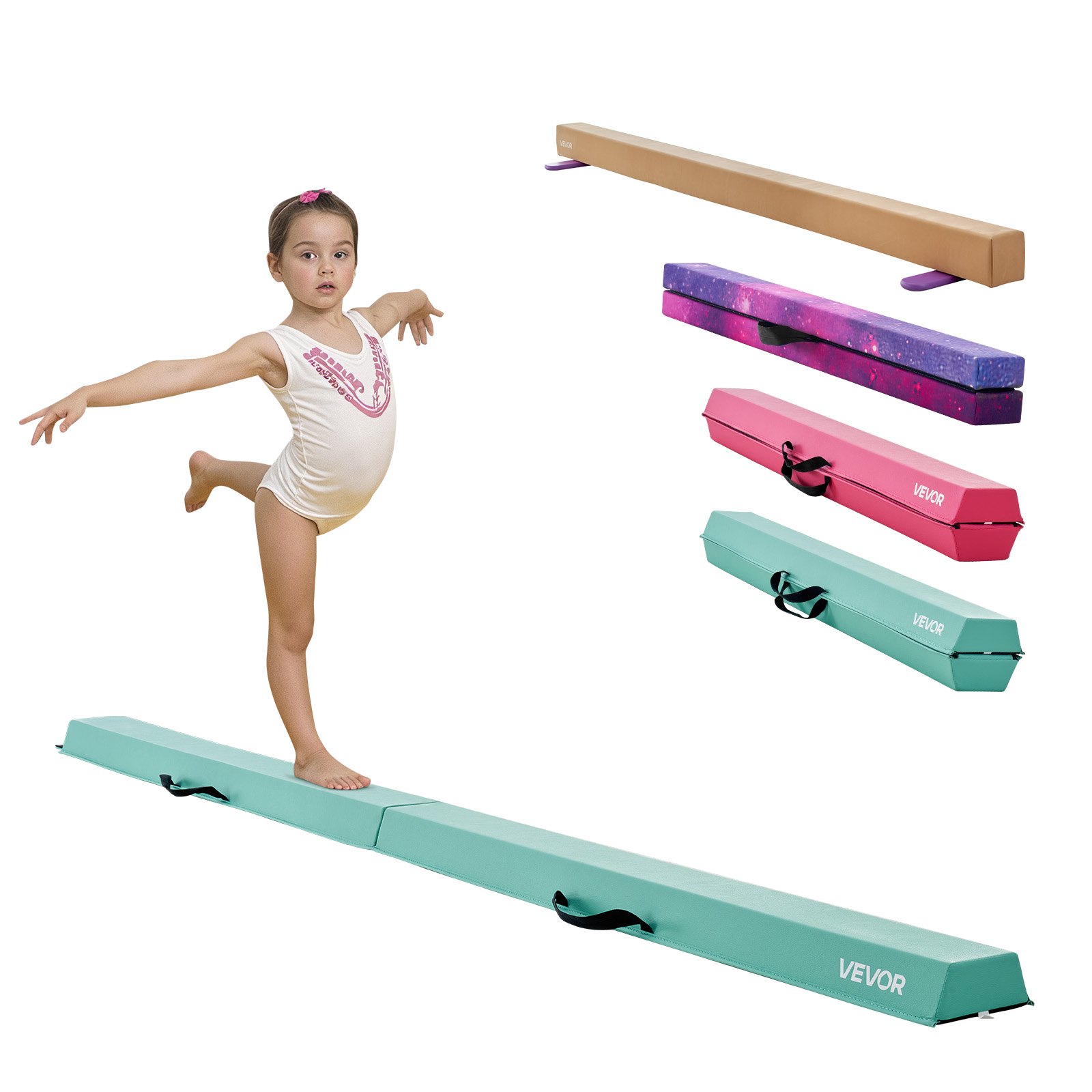 VEVOR Barra de Equilibrio para Gimnasia Infantil, Plegable, Carga Máxima de 90,7 kg, con Base Antideslizante y Bolsa de Transporte, Color Verde Menta, para la Coordinación, 2330 x 150 x 62 mm