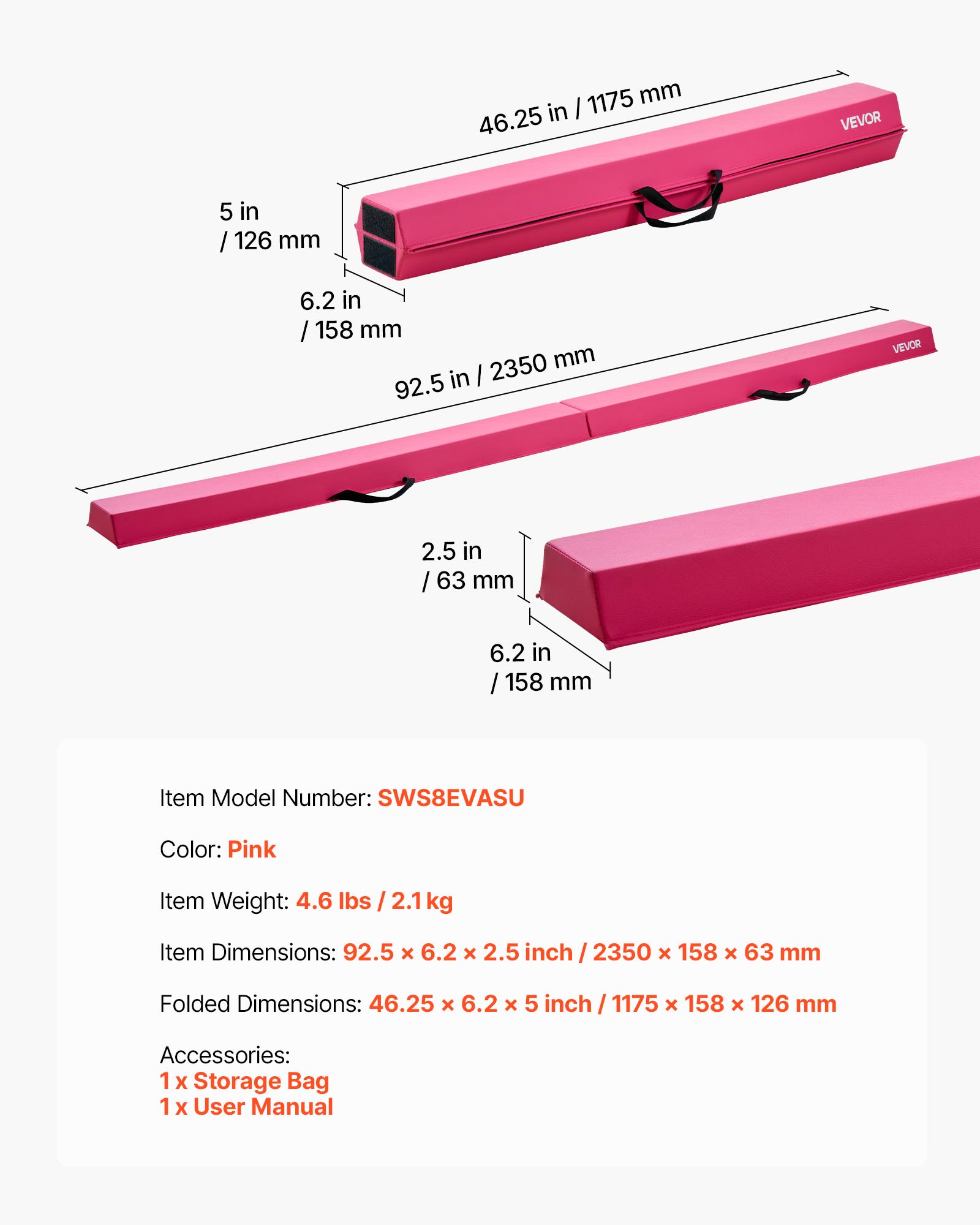 VEVOR Barra de Equilibrio para Niños, Plegable, Carga 90,7 kg, con Base Antideslizante, con Bolsa de Transporte, Color Rosa, para Uso Doméstico, Gimnasios o Entrenamiento, 2330 x 150 x 62 mm