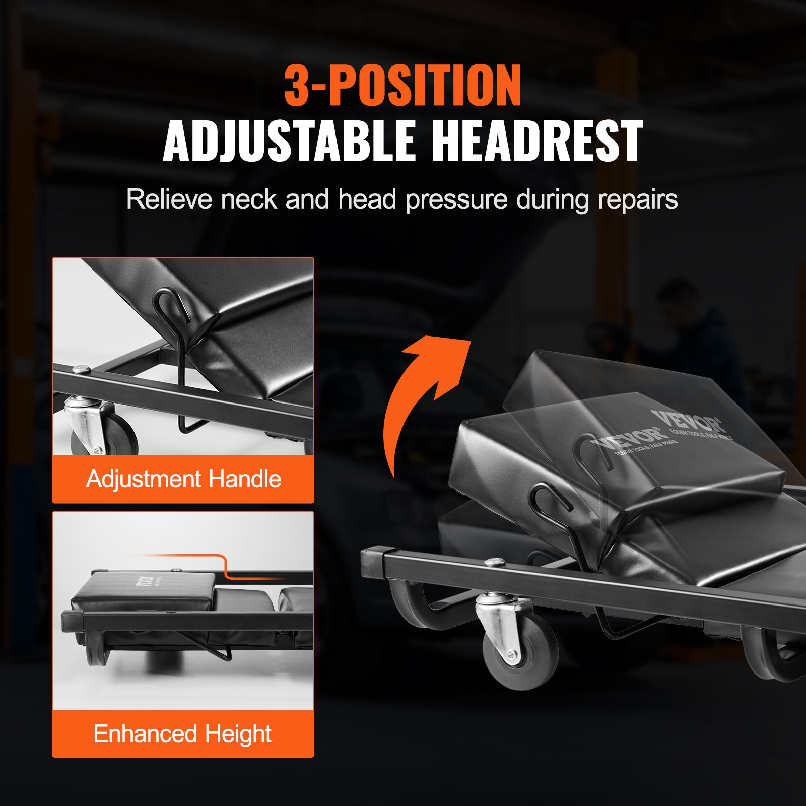 VEVOR Assembly Creeper Workshop Creeper, 1016 mm, 136 kg Load Capacity Creeper for Mechanics, for Motor Vehicles with 6 Swivel Casters, Adjustable, Padded Headrest, Workshop Creeper Garage