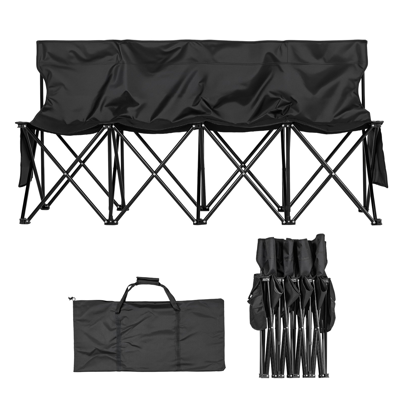 VEVOR Silla Plegable de 4 Plazas, Asiento de Banco Plegable con Bolsillos Laterales y Bolsa de Transporte, Banco Lateral para Gradas con Respaldo para Camping, Actividades al Aire Libre, Negro