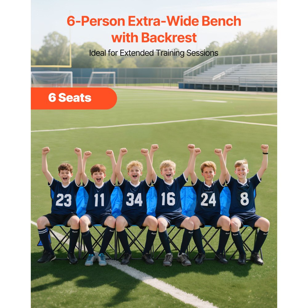 VEVOR Portable Folding Bench, 6 Seat Foldable Soccer Bench with Side Pockets and Carrying Bag, Lightweight Sideline Seating with Back Rest for Football, Baseball, Camping, Outdoor Events, Blue