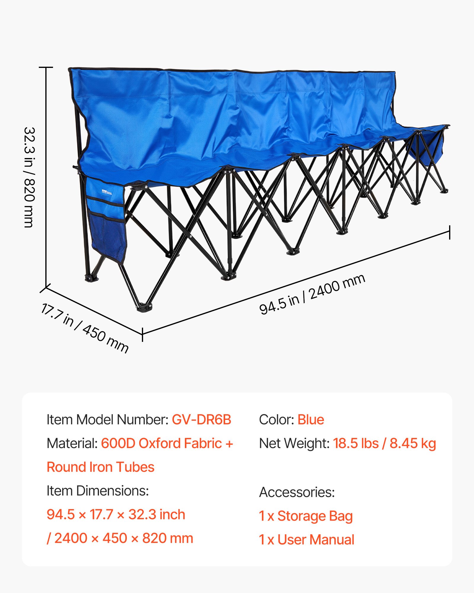 VEVOR Portable Folding Bench, 6 Seat Foldable Soccer Bench with Side Pockets and Carrying Bag, Lightweight Sideline Seating with Back Rest for Football, Baseball, Camping, Outdoor Events, Blue