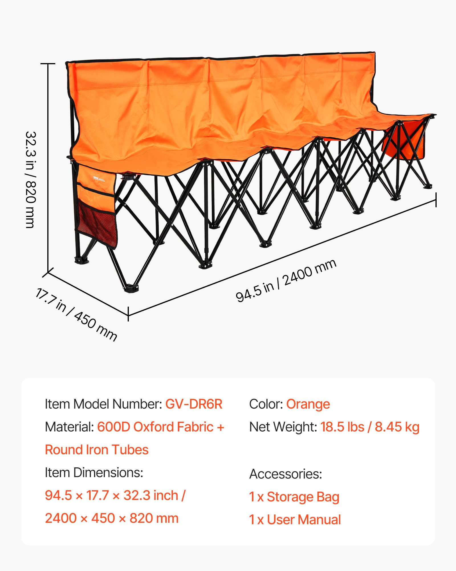 VEVOR Silla Plegable de 6 Plazas, Asiento de Banco Plegable con Bolsillos Laterales y Bolsa de Transporte, Banco Lateral para Gradas con Respaldo para Camping, Actividades al Aire Libre, Naranja