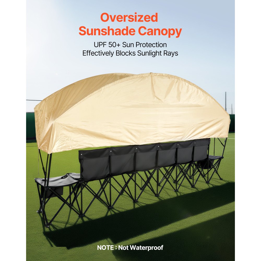 VEVOR Silla Plegable de 6 Plazas, Asiento de Banco Plegable con Bolsillos Laterales, Bolsa de Transporte, Parasol, Banco para Gradas con Respaldo para Camping, Actividades al Aire Libre, Negro