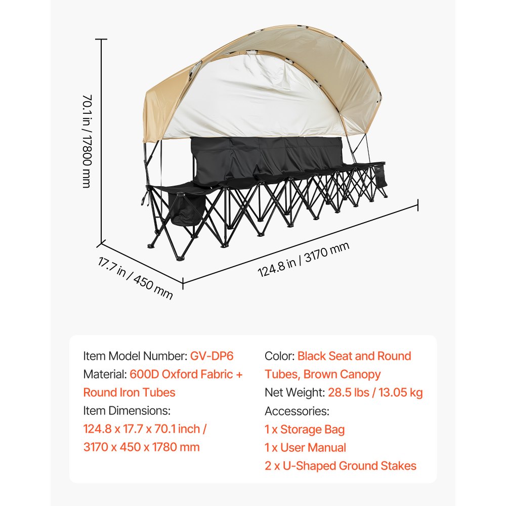 VEVOR Silla Plegable de 6 Plazas, Asiento de Banco Plegable con Bolsillos Laterales, Bolsa de Transporte, Parasol, Banco para Gradas con Respaldo para Camping, Actividades al Aire Libre, Negro
