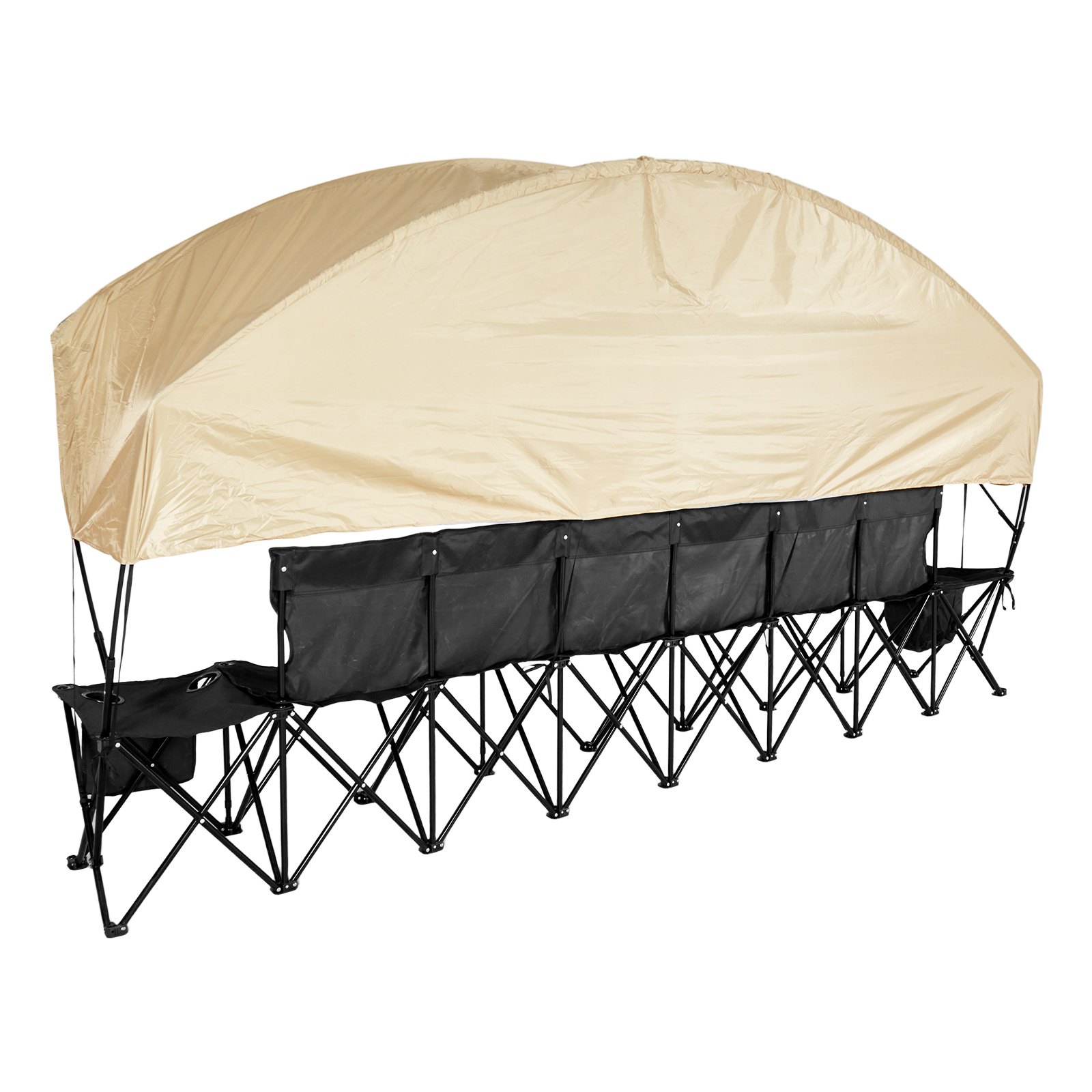 VEVOR Silla Plegable de 6 Plazas, Asiento de Banco Plegable con Bolsillos Laterales, Bolsa de Transporte, Parasol, Banco para Gradas con Respaldo para Camping, Actividades al Aire Libre, Negro