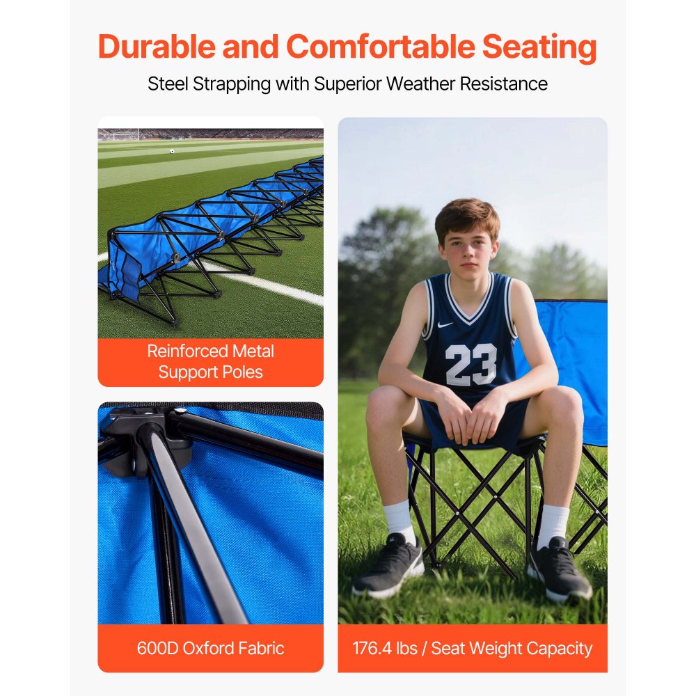 VEVOR Silla Plegable de 8 Plazas, Asiento de Banco Plegable con Bolsillos Laterales y Bolsa de Transporte, Banco Lateral para Gradas con Respaldo para Camping, Actividades al Aire Libre, Azul