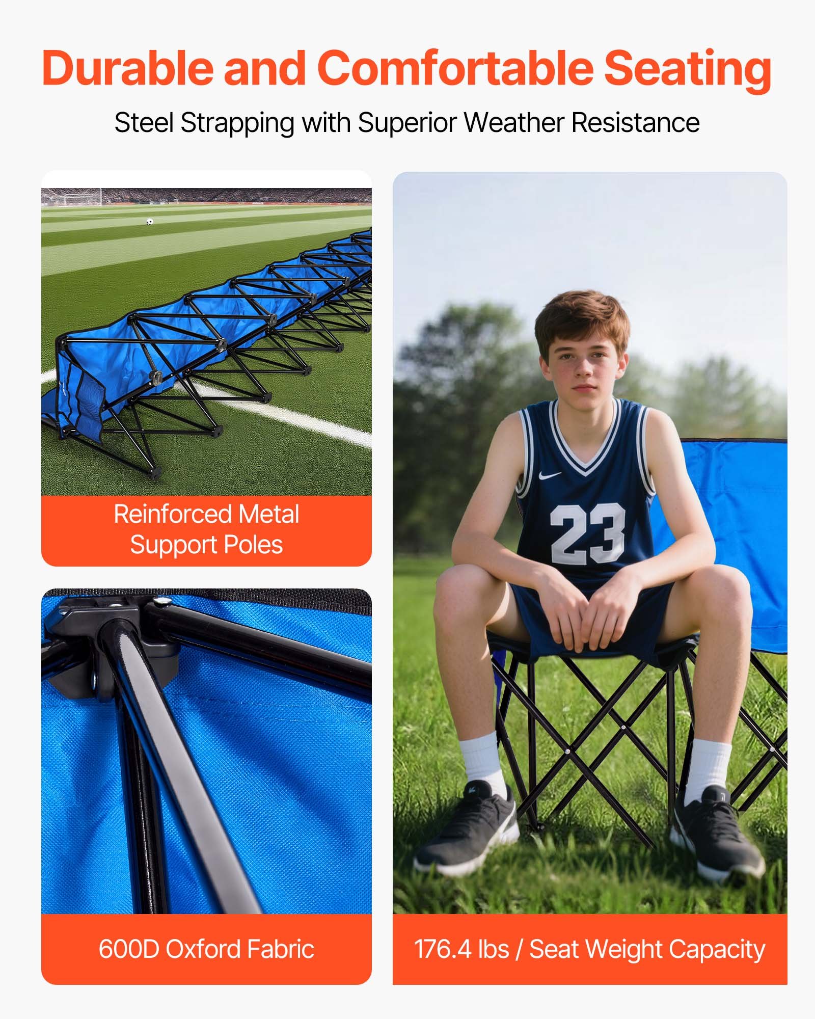 VEVOR Silla Plegable de 8 Plazas, Asiento de Banco Plegable con Bolsillos Laterales y Bolsa de Transporte, Banco Lateral para Gradas con Respaldo para Camping, Actividades al Aire Libre, Azul