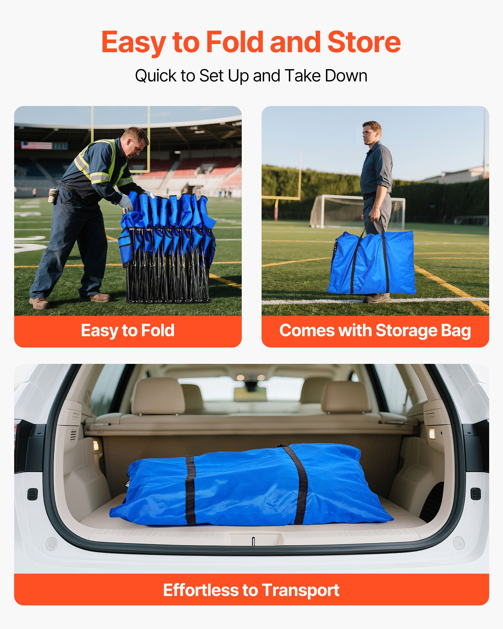 VEVOR Silla Plegable de 8 Plazas, Asiento de Banco Plegable con Bolsillos Laterales y Bolsa de Transporte, Banco Lateral para Gradas con Respaldo para Camping, Actividades al Aire Libre, Azul