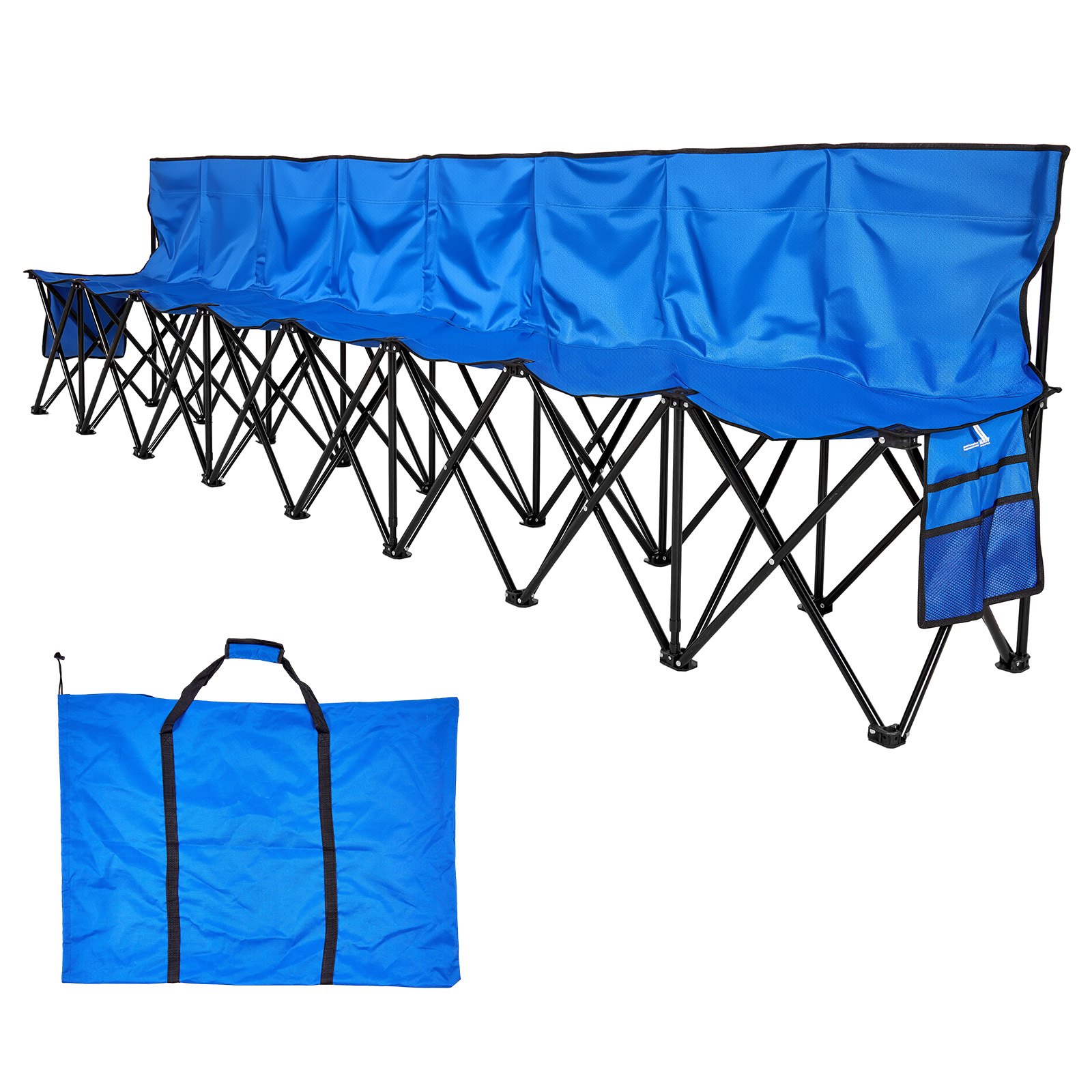 VEVOR Silla Plegable de 8 Plazas, Asiento de Banco Plegable con Bolsillos Laterales y Bolsa de Transporte, Banco Lateral para Gradas con Respaldo para Camping, Actividades al Aire Libre, Azul