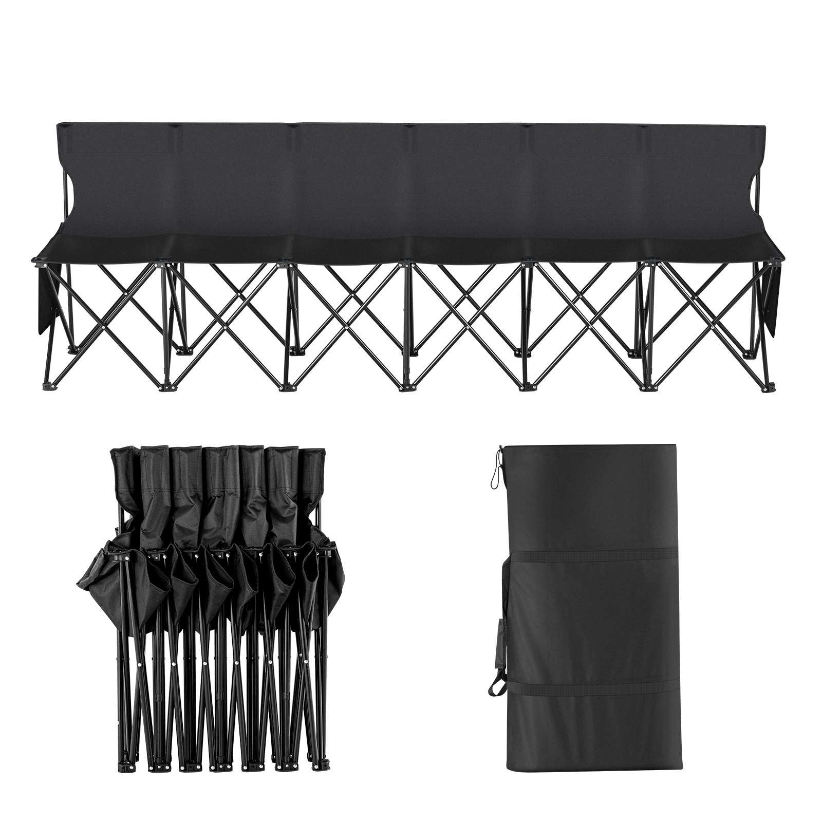 Banco plegable portátil VEVOR, banco lateral plegable de 6 asientos, banco para acampar al aire libre con bolsa de transporte y respaldo, banco lateral para deportes de equipo para fútbol, pesca, asiento instantáneo sin ensamblaje, negro