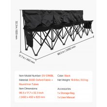 VEVOR Silla Plegable de 6 Plazas, Asiento de Banco Plegable con Bolsillos Laterales y Traseros, Bolsa de Transporte, Banco para Gradas con Respaldo para Camping, Actividades al Aire Libre, Negro