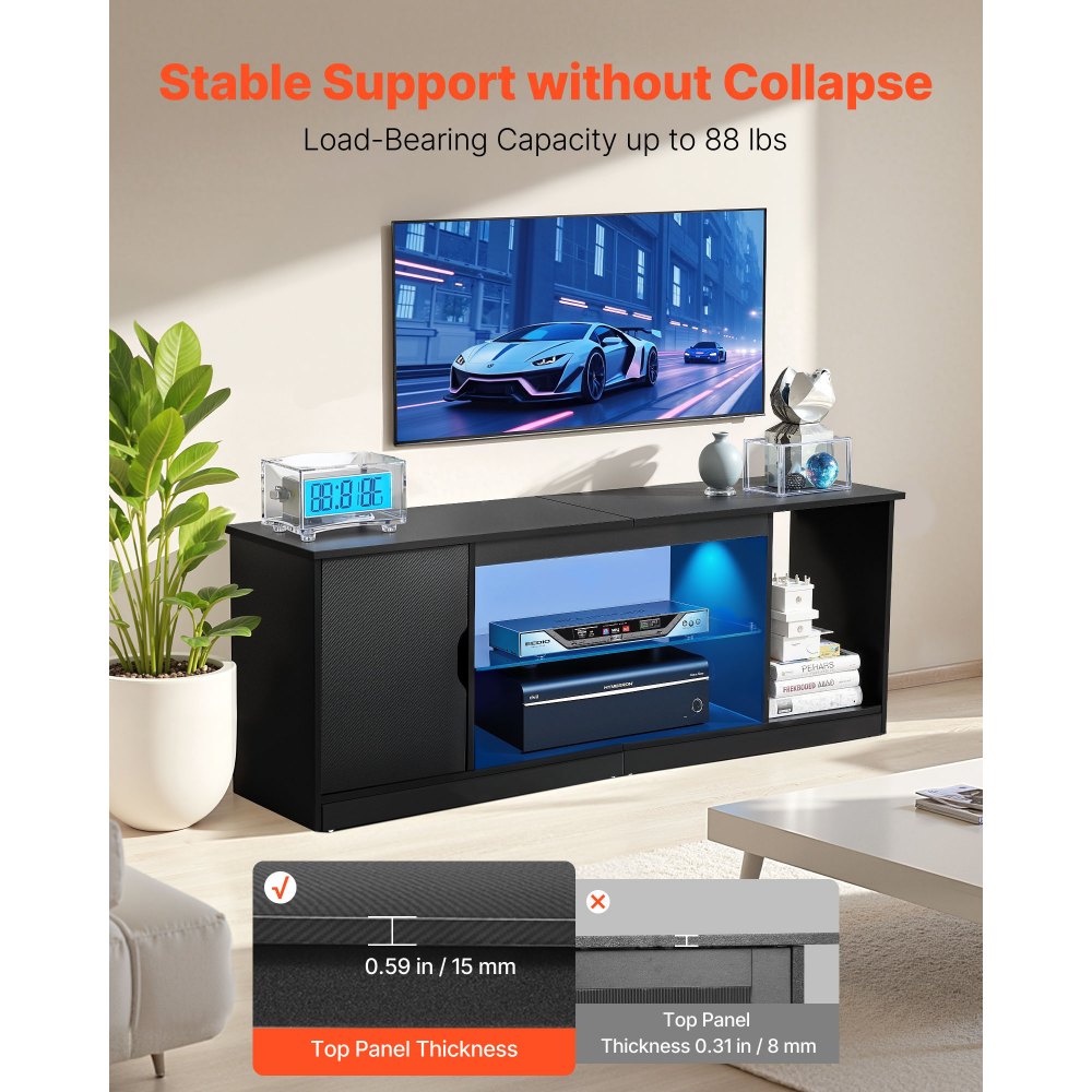 VEVOR TV Stand for TVs up to 1651 mm, Modern Entertainment Center with Light Strip, Wooden TV Cabinet Storage with Glass Shelf and Adjustable Shelves, Console Table for Living Room and Bedroom, Black