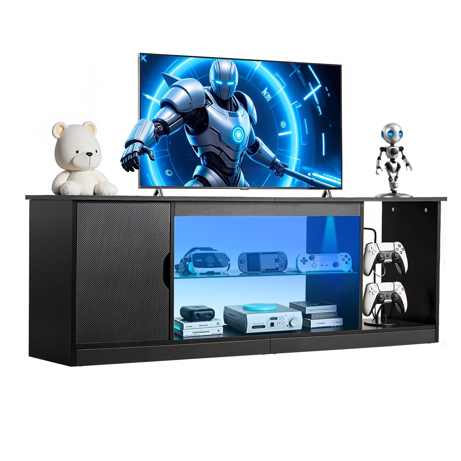 VEVOR TV Stand for TVs up to 1651 mm, Modern Entertainment Center with Light Strip, Wooden TV Cabinet Storage with Glass Shelf and Adjustable Shelves, Console Table for Living Room and Bedroom, Black