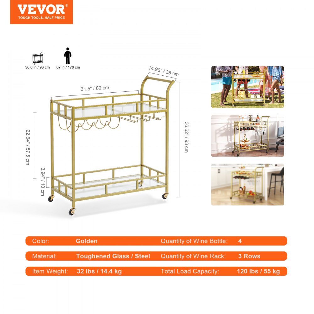 VEVOR Carro de Bar 2 Niveles 85,5x38x93 cm Carro de Servicio de Acero y Vidrio Templado Carga Total de 55 kg Barra Rodante con Portabotellas y Portavasos para Fiesta Cocina Restaurante Oficina Dorado