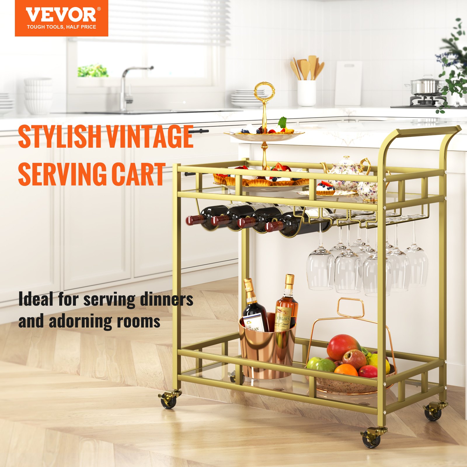 VEVOR Carro de Bar 2 Niveles 85,5x38x93 cm Carro de Servicio de Acero y Vidrio Templado Carga Total de 55 kg Barra Rodante con Portabotellas y Portavasos para Fiesta Cocina Restaurante Oficina Dorado
