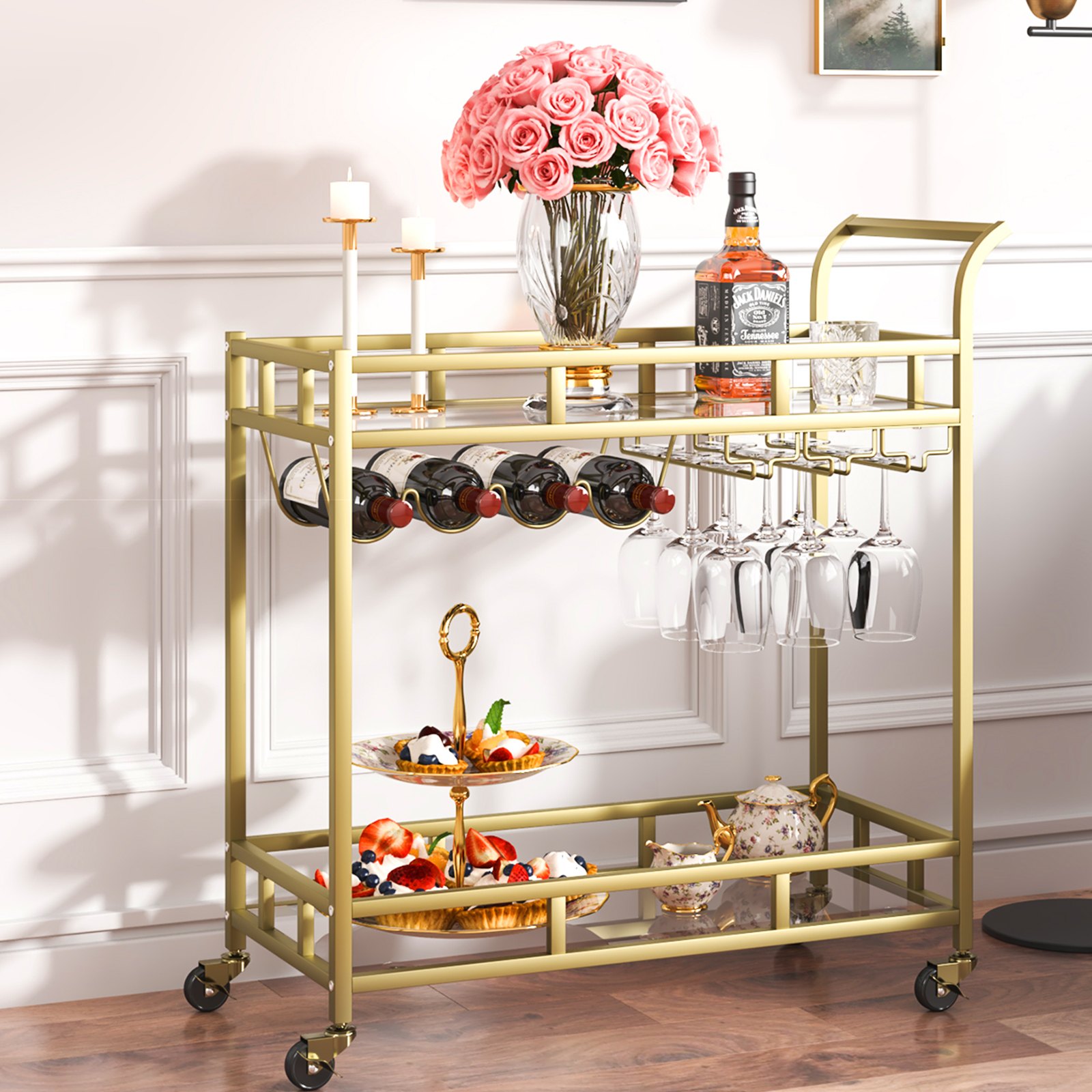 VEVOR Carro de Bar 2 Niveles 85,5x38x93 cm Carro de Servicio de Acero y Vidrio Templado Carga Total de 55 kg Barra Rodante con Portabotellas y Portavasos para Fiesta Cocina Restaurante Oficina Dorado
