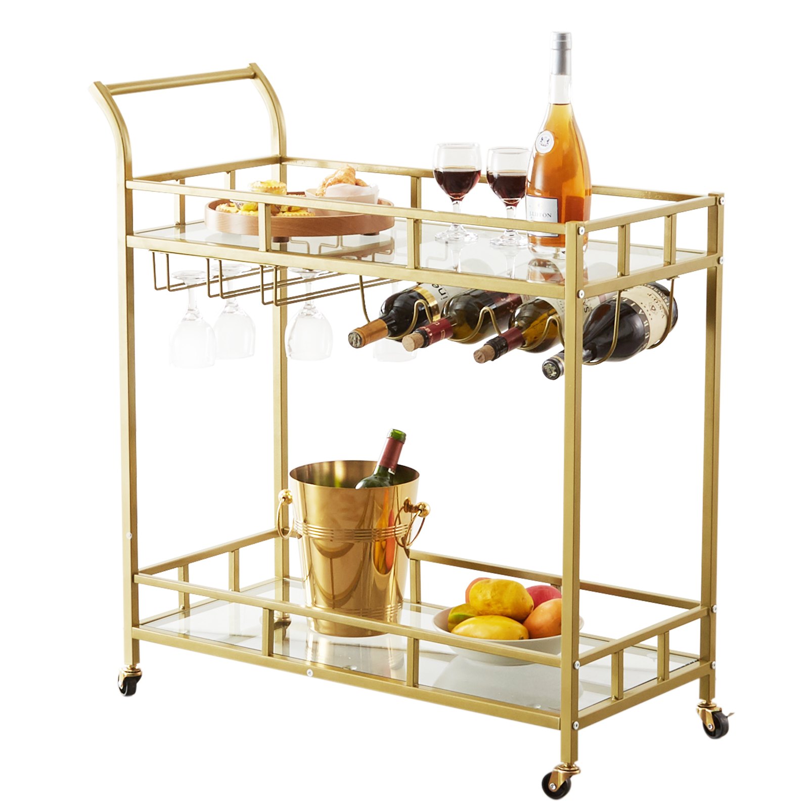 VEVOR Carro de Bar 2 Niveles 85,5x38x93 cm Carro de Servicio de Acero y Vidrio Templado Carga Total de 55 kg Barra Rodante con Portabotellas y Portavasos para Fiesta Cocina Restaurante Oficina Dorado