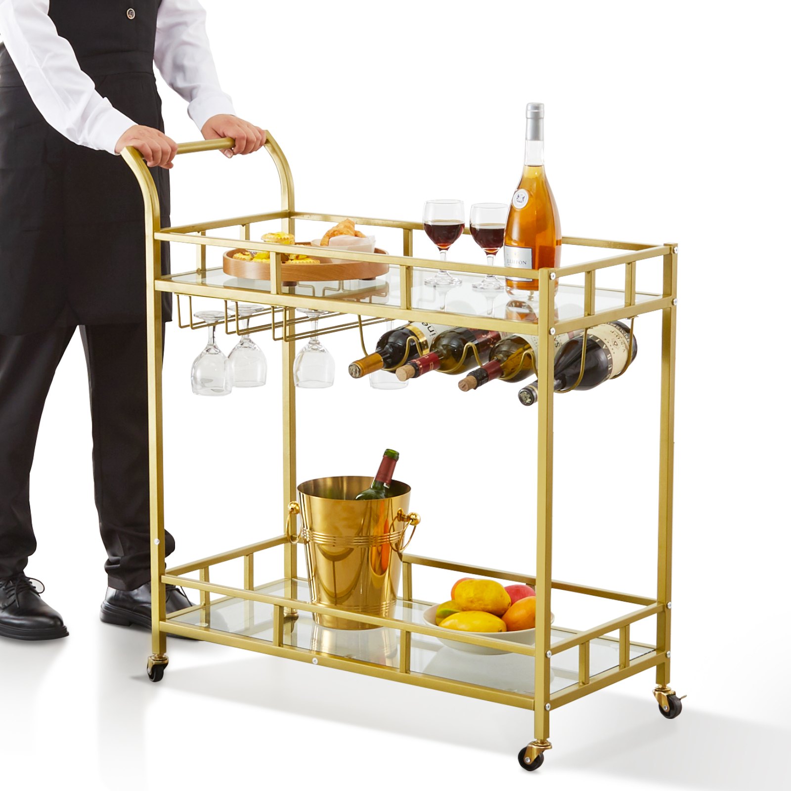 VEVOR Carro de Bar 2 Niveles 85,5x38x93 cm Carro de Servicio de Acero y Vidrio Templado Carga Total de 55 kg Barra Rodante con Portabotellas y Portavasos para Fiesta Cocina Restaurante Oficina Dorado