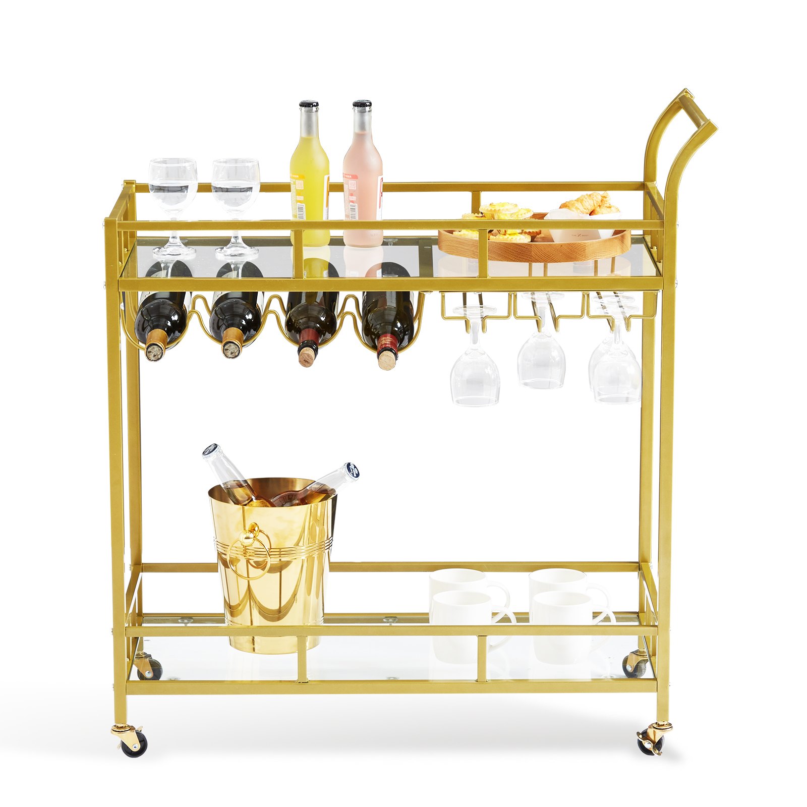 VEVOR Carro de Bar 2 Niveles 85,5x38x93 cm Carro de Servicio de Acero y Vidrio Templado Carga Total de 55 kg Barra Rodante con Portabotellas y Portavasos para Fiesta Cocina Restaurante Oficina Dorado
