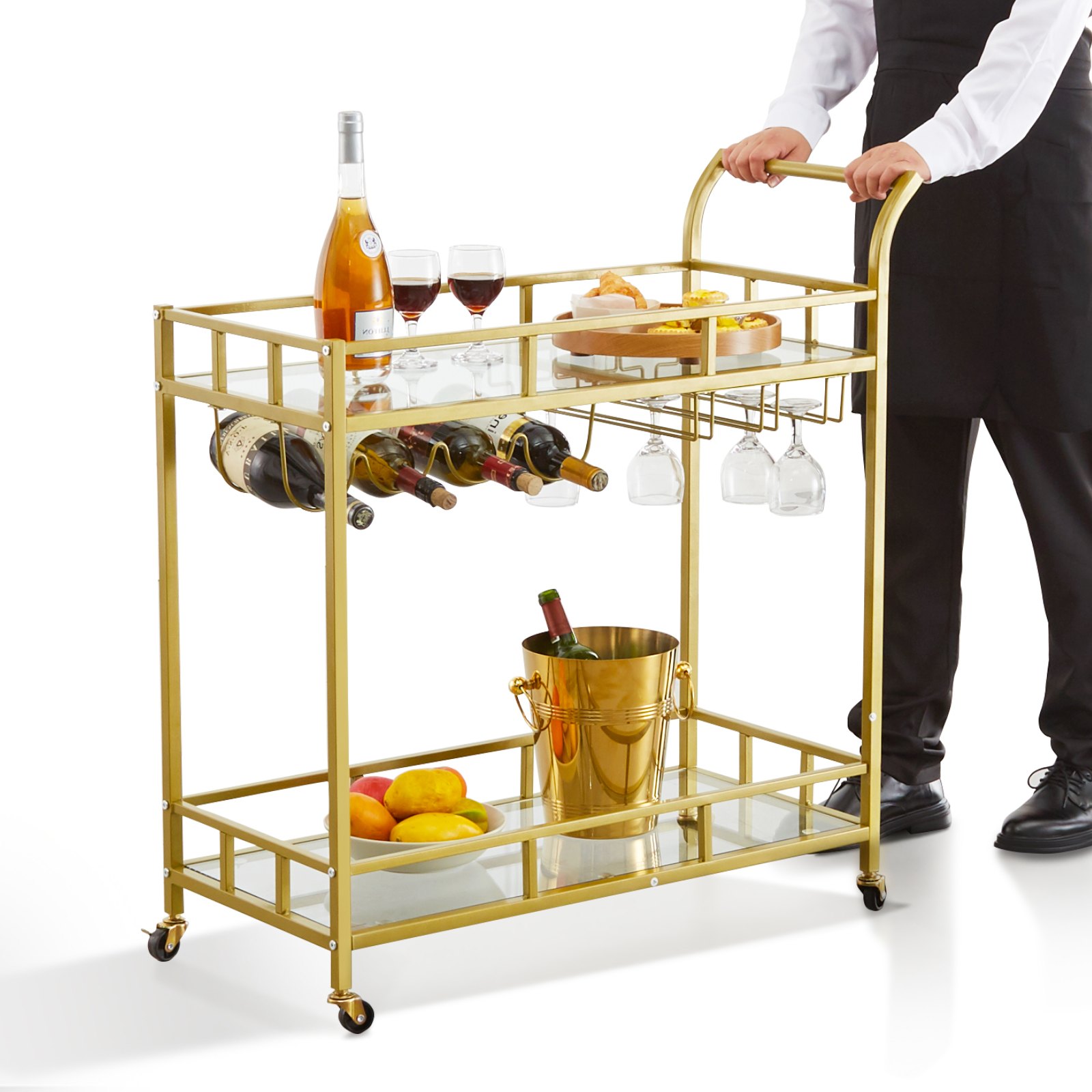 VEVOR Carro de Bar 2 Niveles 85,5x38x93 cm Carro de Servicio de Acero y Vidrio Templado Carga Total de 55 kg Barra Rodante con Portabotellas y Portavasos para Fiesta Cocina Restaurante Oficina Dorado