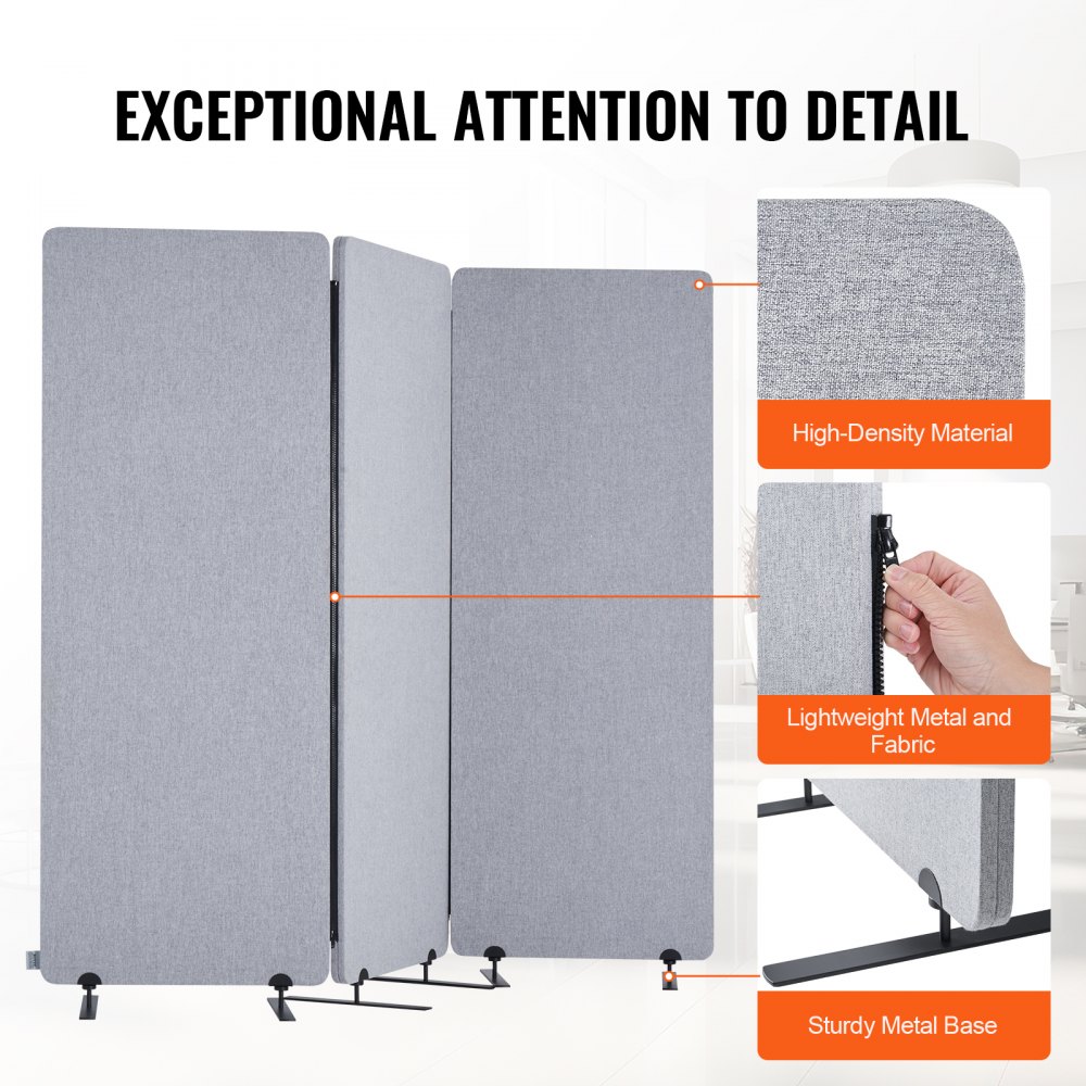 VEVOR Room Divider 3 Panels Screen 1840 x 350 x 1655 mm, Foldable Privacy Screen & Portable Partition Wall Divider Made of PET Polyester for Room Division, for Office, Bedroom, Study, Light Grey