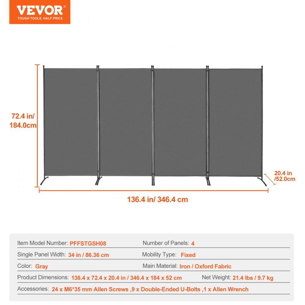 VEVOR Biombo Separador de Ambientes de 3464 x 1840 x 520 mm, Separador Plegable de Ambientes de 4 Paneles Mampara de Privacidad para Interiores, Separador de Ambientes para Oficina, Dormitorio, Gris