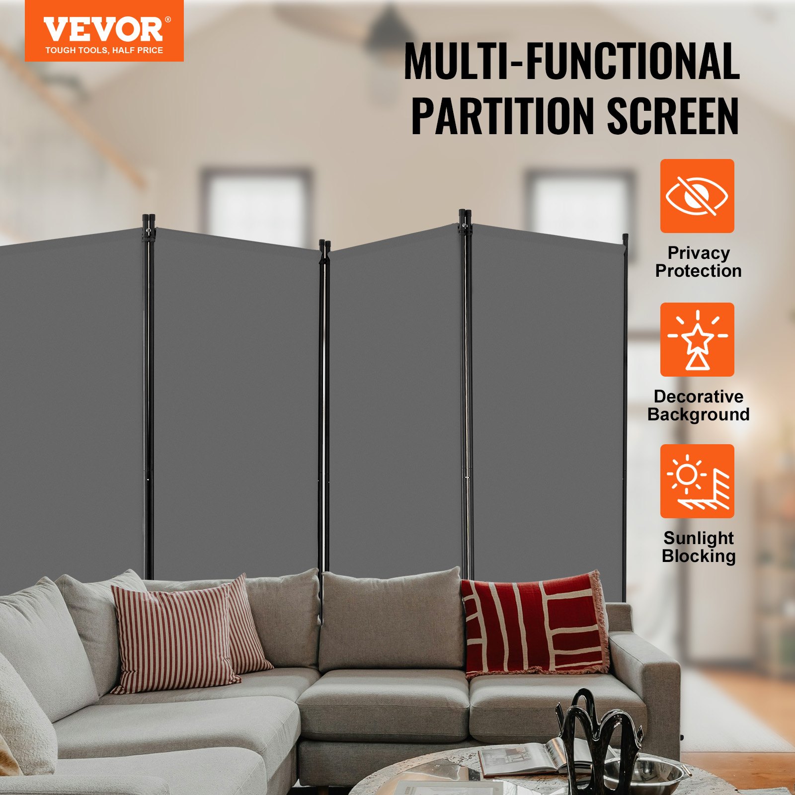 VEVOR Biombo Separador de Ambientes de 3464 x 1840 x 520 mm, Separador Plegable de Ambientes de 4 Paneles Mampara de Privacidad para Interiores, Separador de Ambientes para Oficina, Dormitorio, Gris