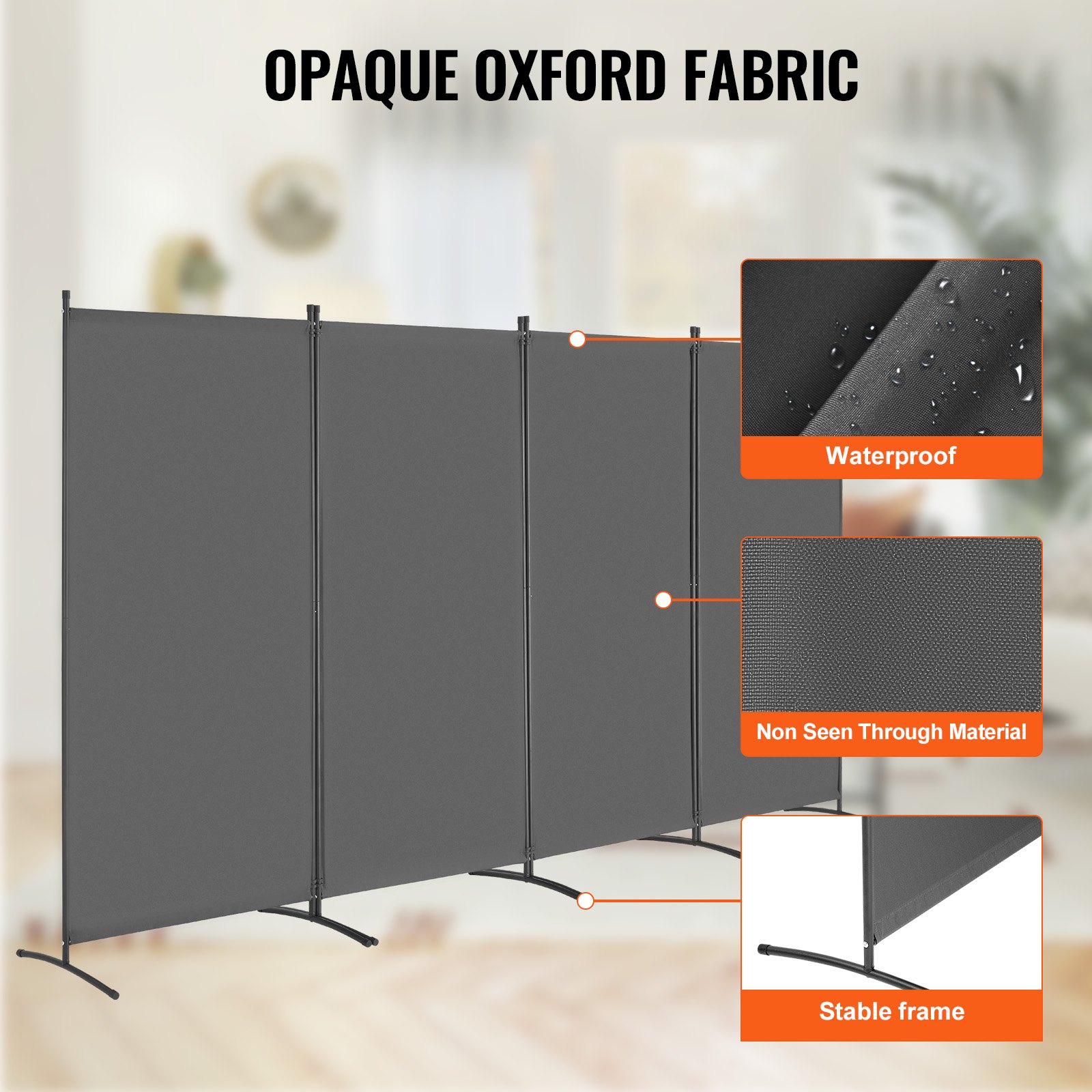 VEVOR Biombo Separador de Ambientes de 3464 x 1840 x 520 mm, Separador Plegable de Ambientes de 4 Paneles Mampara de Privacidad para Interiores, Separador de Ambientes para Oficina, Dormitorio, Gris