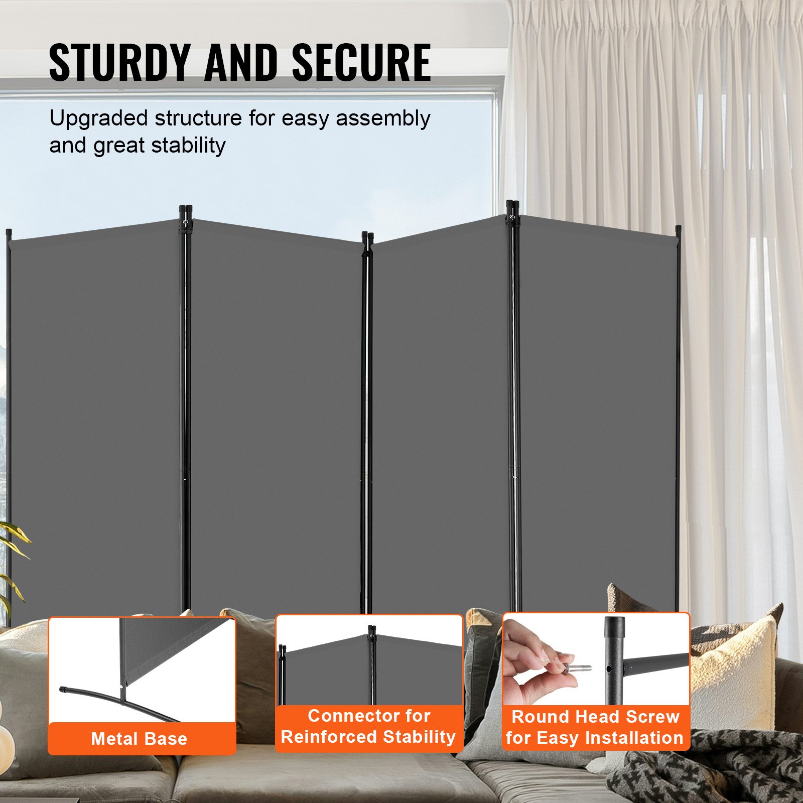 VEVOR Biombo Separador de Ambientes de 3464 x 1840 x 520 mm, Separador Plegable de Ambientes de 4 Paneles Mampara de Privacidad para Interiores, Separador de Ambientes para Oficina, Dormitorio, Gris