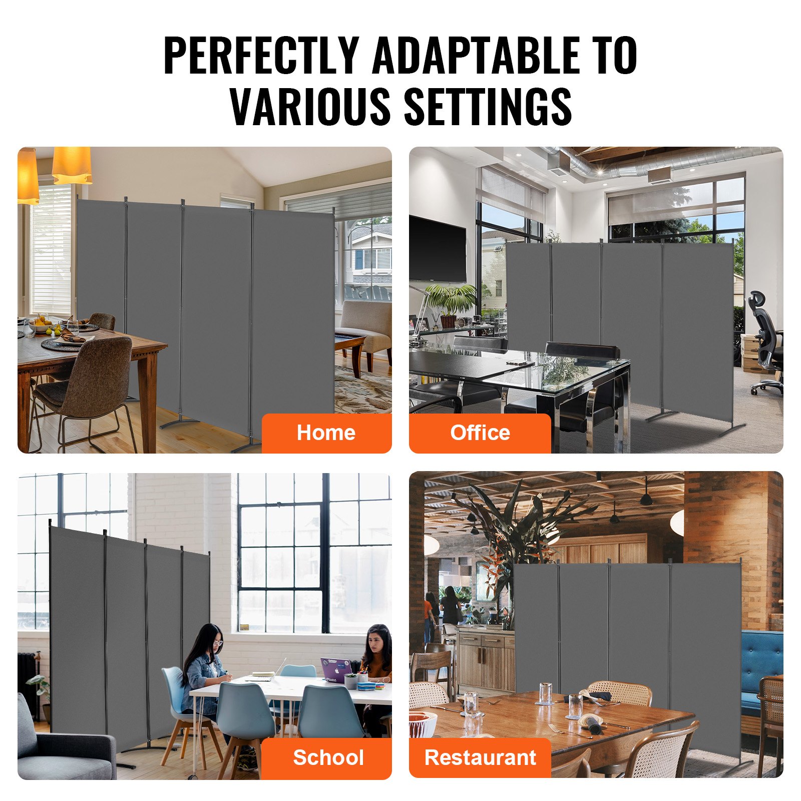 VEVOR Biombo Separador de Ambientes de 3464 x 1840 x 520 mm, Separador Plegable de Ambientes de 4 Paneles Mampara de Privacidad para Interiores, Separador de Ambientes para Oficina, Dormitorio, Gris