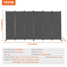 VEVOR Biombo Separador Plegable de Ambientes 6 Paneles 3110 x 1805 x 450mm Gris