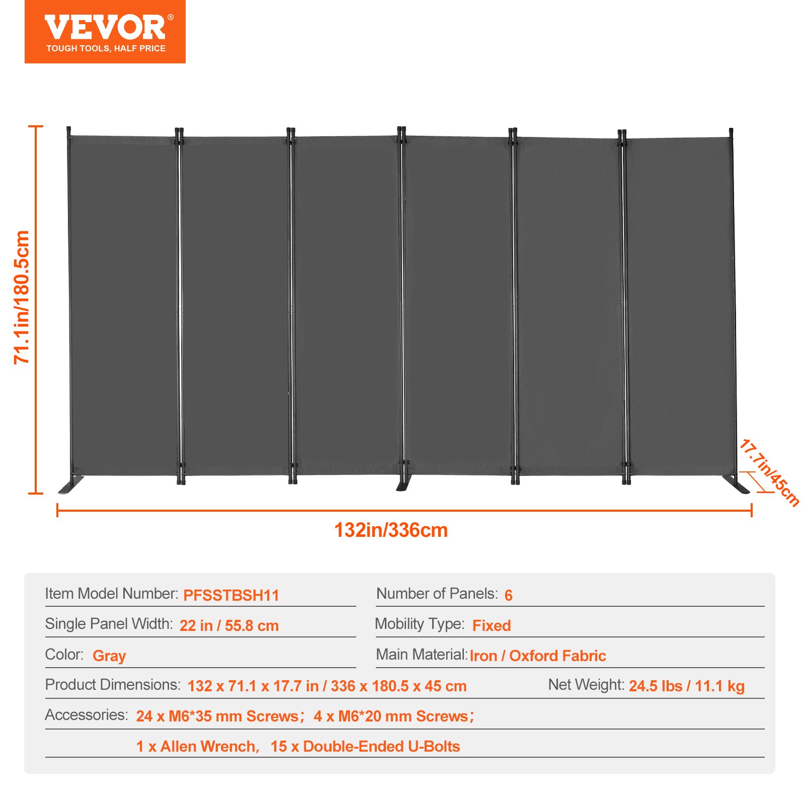 VEVOR Biombo Separador de Ambientes de 3110 x 1805 x 450 mm, Separador Plegable de Ambientes de 6 Paneles Mampara de Privacidad para Interiores, Separador de Ambientes para Oficina, Dormitorio, Gris