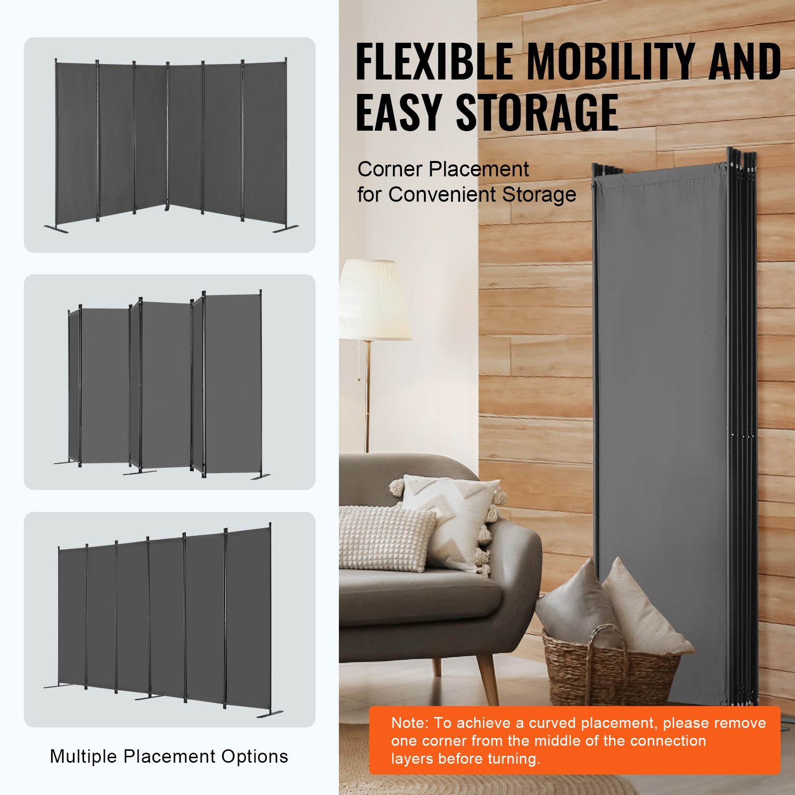 VEVOR Room Divider 6 Panels, Folding Screen 3110 x 1805 x 450 mm, Foldable Privacy Screen & Portable Partition for Room Division, Freestanding Room Divider for Office, Bedroom, Study, Gray