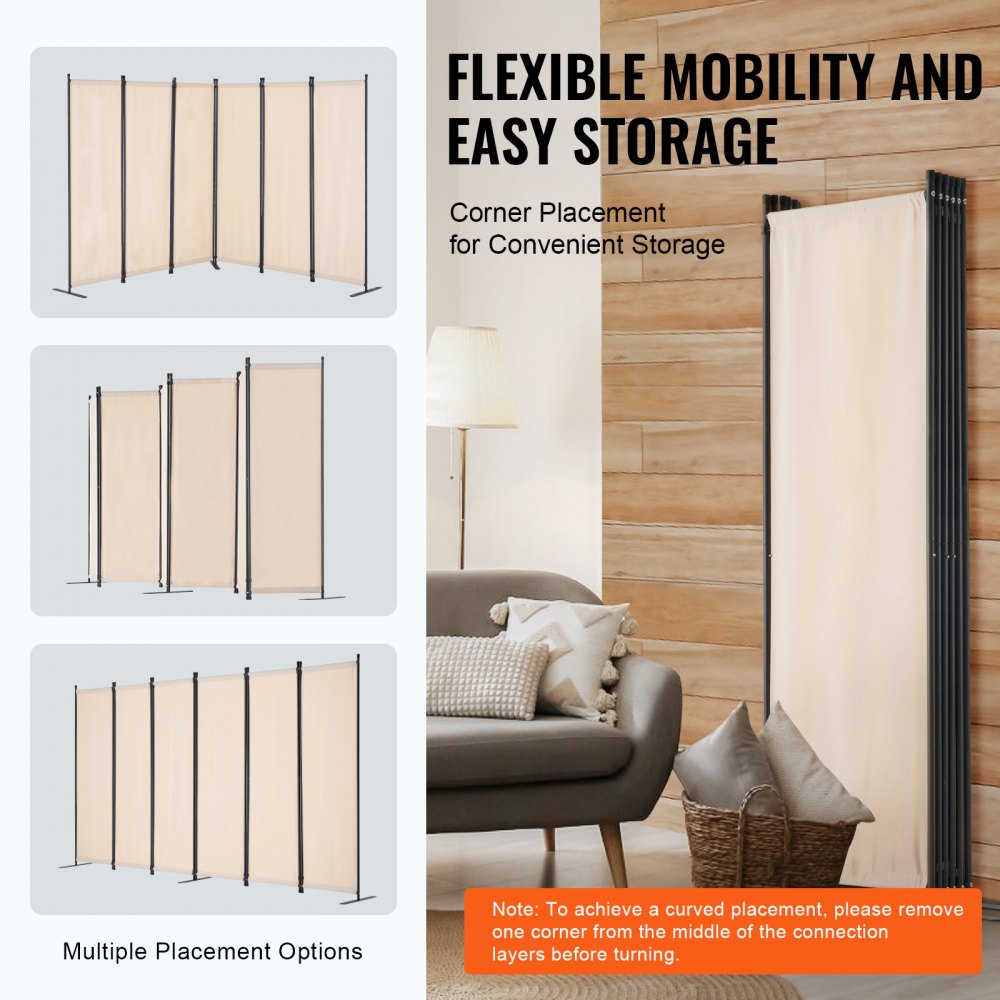 VEVOR Room Divider 6 Panels, 3110 x 1805 x 450 mm, Foldable Privacy Screen & Portable Partition for Room Division, Freestanding Room Divider for Office, Bedroom, Study, Beige